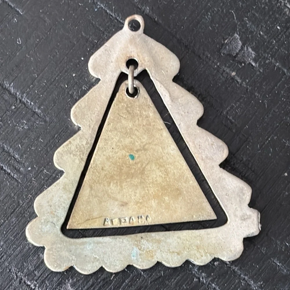 Signed Vintage Alpaca Silver Tone and Blue Triangle Pendant Geometric 3D - Picture 3 of 6